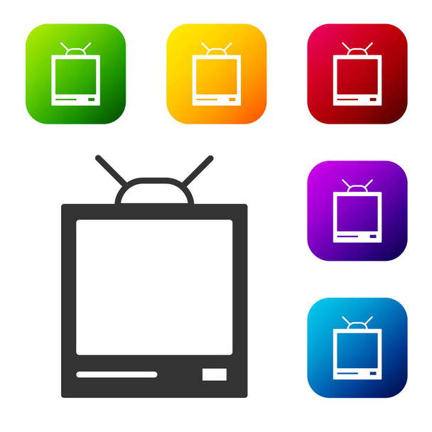 Черная иконка телевизора Retro выделена на белом фоне. Телевизионный знак. Поставьте их в цветные квадратные пуговицы. Векторная миграция - Вектор,изображение