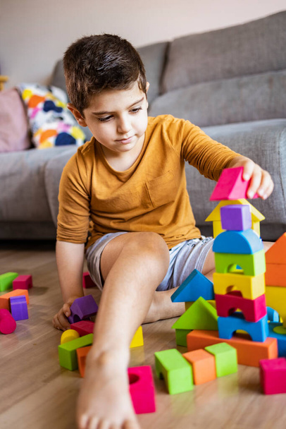 Забавный мальчик играет с блоками дома
 - Фото, изображение