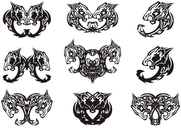 Símbolos adornados creados a partir de cabeza de tigre y elemento águila. Símbolos dobles abstractos formados por cabeza de tigre y elemento águila para tatuajes, estampados, bordados, grabados, textiles, etc.
. - Vector, imagen