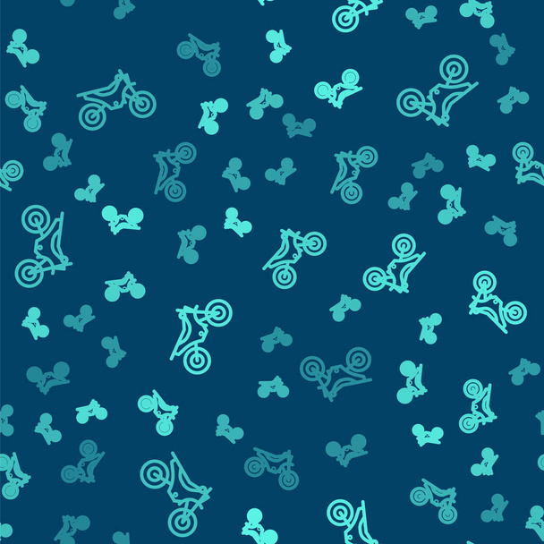Grüne Linie Mountainbike-Symbol isoliert nahtlose Muster auf blauem Hintergrund. Vektorillustration - Vektor, Bild