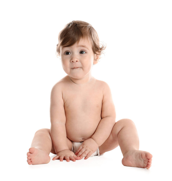 Cute little baby in diaper on white background - Foto, afbeelding