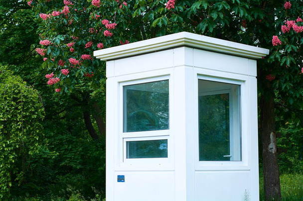 Little white guard booth in green spring park with pink sweet chestnuts. The room for work. - Photo, Image