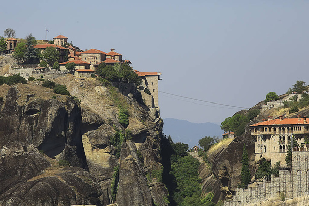 Meteora greece monastery landscape, orthodox monastery in the mountains, christianity, faith view - Фото, зображення