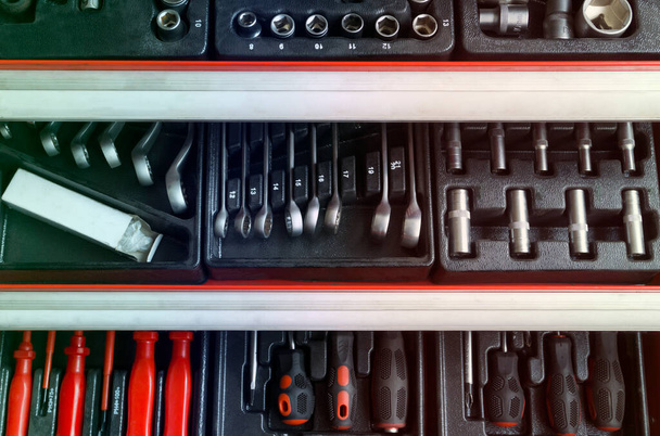 various tools in drawers with copy space - Photo, Image