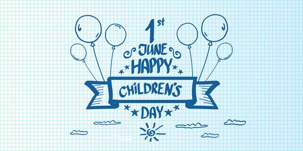 1. Juni Internationaler Kindertag Cartoon Doodle Stil horizontale Banner Hintergrund. fröhlicher Kindertagsgruß, Symbol oder Etikett. Cartoon Kindertag Plakat. Handgezeichnete Banner für den Kindertag - Vektor, Bild
