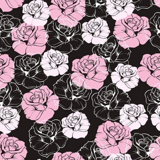Patrón floral oscuro vector sin costuras con rosas retro rosadas y blancas sobre fondo negro. Hermosa textura vintage abstracta con flores de color rosa y fondo lindo
. - Vector, Imagen