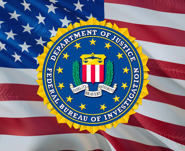 Федеральное бюро расследований флага США флаг ФБР размахивает ветром. Федеральное бюро расследований национальной безопасности ФБР, 3d rendering.US flag-Washington, 2 мая 201 - Фото, изображение