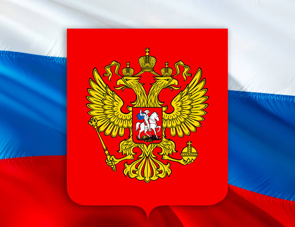 Moskou vlag met wapenschild op Russische vlag. Kremlin Russische hoofdstad Wapen van Moskou, 3d rendering. Moskou Wapenschild. Russisch presidentieel nationaal embleem Kremlin Teken op Russische vlag - Foto, afbeelding