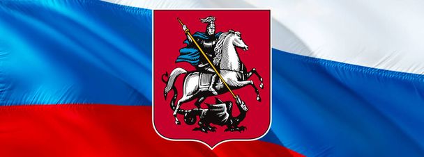Moskou stad op de Russische Federatie vlag ontwerp. Moskou vlag achtergrond voor Russische feestdagen, 3d rendering. Moskou vlag achtergrond. voor de Russische hoofdstad Day Holiday. Russische vlag voor Moskou Da - Foto, afbeelding