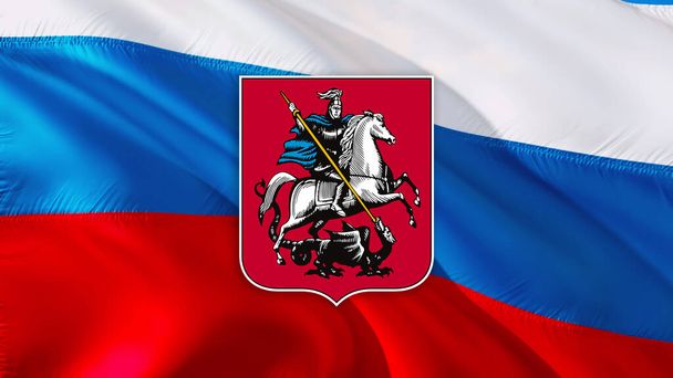 Bandera de Moscú con Escudo de armas en bandera rusa. Kremlin capital rusa Escudo de armas de Moscú, 3d rendering. Escudo de armas de Moscú. emblema nacional presidencial ruso Kremlin Firma en bandera rusa - Foto, Imagen