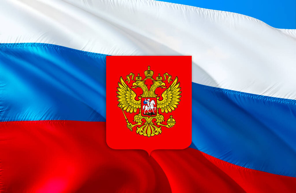 Moskauer Flagge mit Wappen auf russischer Flagge. Kreml Russische Hauptstadt Wappen von Moskau, 3D-Darstellung. Moskauer Wappen. Nationales Emblem des russischen Präsidenten Kreml Zeichen auf der russischen Flagge - Foto, Bild