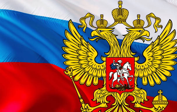 Russische vlag met wapenschild van Rusland. Kremlin presidentiële wapenschild van Rusland, 3d rendering. Russische adelaar. Russisch presidentieel nationaal embleem Kremlin Teken op Rusland vlag Achtergrond.Rusland - Foto, afbeelding