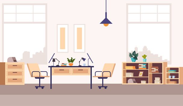 Oficina estación de trabajo muebles concepto interior. ilustración de dibujos animados de diseño gráfico plano vectorial - Vector, imagen