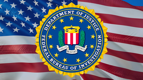 FBI-Emblem auf US-Flagge im Wind. Federal Bureau of Investigation Flagge Hintergrund, 3D-Darstellung. Flagge der Vereinigten Staaten schwenkt Großaufnahme HD-Bild.Flagge des Federal Bureau -Washington, 2. Mai 201 - Foto, Bild