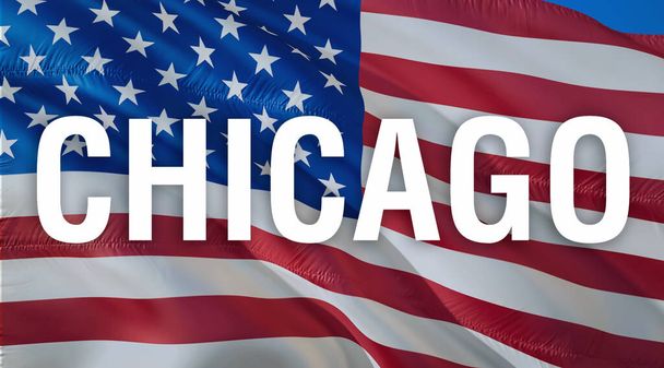 Chicago auf der US-amerikanischen Flagge, die im Wind weht. USA United Flagge. 4. Juli US American Flag Waving background, 3D-Darstellung. Nahaufnahme der US-amerikanischen Flagge. offizielles Motto der Vereinigten Staaten von Amerika - Foto, Bild