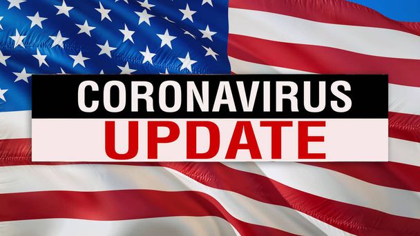 Coronavirus Update Text auf USA-Flagge weht im Wind. Realistischer Hintergrund der US-amerikanischen Flagge, 3D-Darstellung. Hintergrund des Coronavirus-Konzepts für die Vereinigten Staaten: Flaging Closeup Full HD imag - Foto, Bild