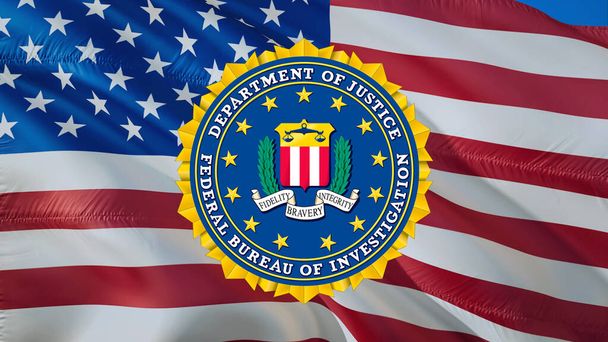 FBI emblem on USA flag in wind. Federal Bureau of Investigation Flag background, 3d rendering. United States Forces Flag wavinging Closeup HD image.Federal Bureau flag -Washington,2 May 201 - Photo, Image