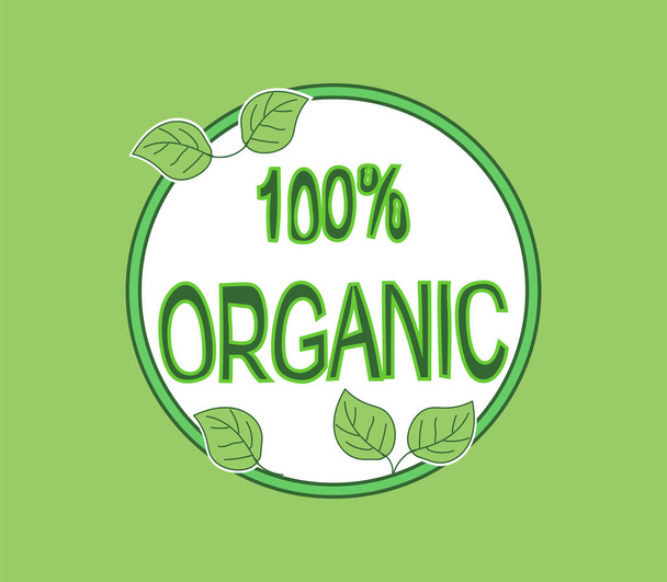 okrągła ikona w zielonym, monochromatycznym wzorze z napisem 100% organicznym z pięcioma zielonymi liśćmi - Wektor, obraz