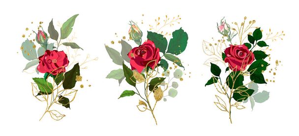 赤いバラの花の結婚式の花束と金は緑の熱帯の枝の植物を残します黄金のスプラッター。花の葉のベクトル図の配置水彩風の結婚式招待カード - ベクター画像