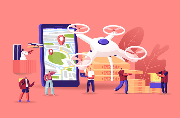 Mensen die Drones gebruiken voor voedsellevering. Quadcopters brengen pizza naar mannelijke en vrouwelijke personages - Vector, afbeelding