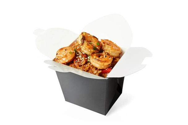 Gray box with Thai rice wok with shrimp isolated on white background - Foto, immagini