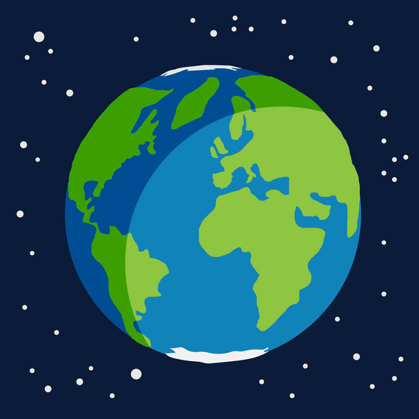 Ziemia planeta Ziemia globus z zielonymi kontynentami, morzami, oceanami i biegunami otoczony gwiazdami w przestrzeni - Wektor, obraz