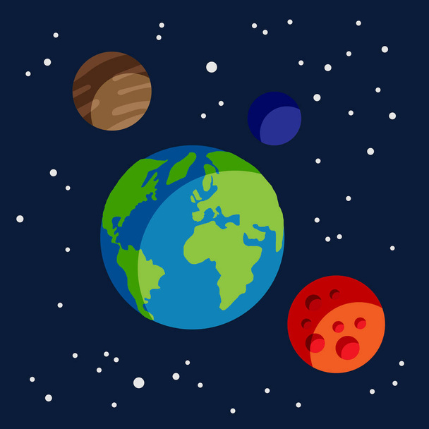 planeet aarde omringd door andere sterren van de melkweg zoals venus, dinsdag en kwik in de ruimte omringd door sterren - Vector, afbeelding