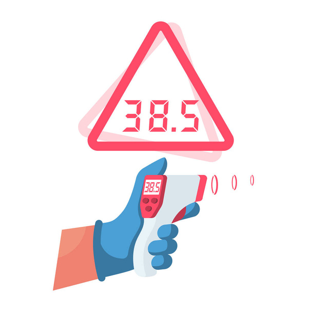 Temperature check concept. Symptoms of disease. Attention high temperature. Patient with coronavirus. Non-contact thermometer in hand. Virus prevention. Epidemic 2019-ncov. Vector flat design. - Vector, Image