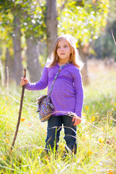 Hiking kid girl with walking stick in autum poplar forest - Photo, Image