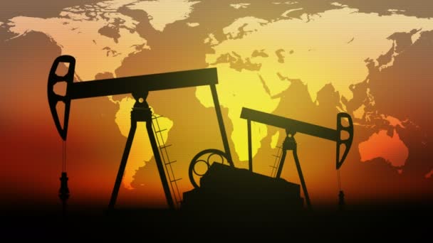 Oil Pumps on sunset and World map background.  Seamless loop video. - Footage, Video