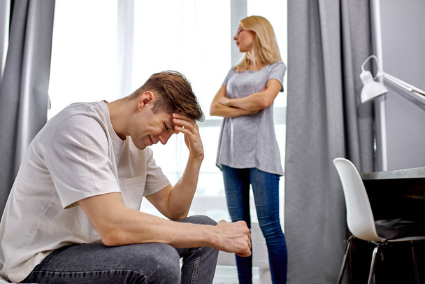 lovely young couple have emotional quarrel at home in the morning - Photo, image