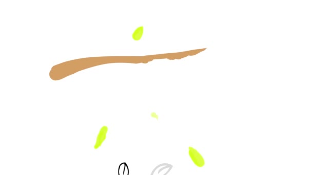 Linear Bounce und Spin Animation eines Zweiges, der sich mit grünen Blättern formt und ein kleiner Junge, auf dem seine Katze sitzt, winkt und lächelt im Sommer in die Kamera - Filmmaterial, Video