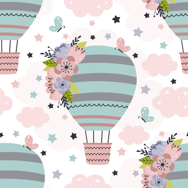 seamless pattern with beautiful Hot air balloon and flowers -  vector illustration, eps - Vector, Image