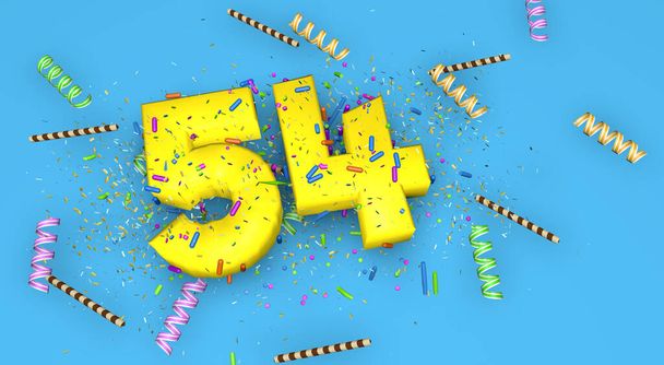 Número 54 para aniversário, aniversário ou promoção, em letras amarelas grossas em um fundo azul decorado com doces, riachos, palhas de chocolate e confetes caindo de cima. Ilustração 3D
 - Foto, Imagem