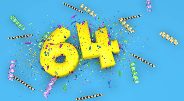 Número 64 para aniversário, aniversário ou promoção, em letras amarelas grossas em um fundo azul decorado com doces, riachos, palhas de chocolate e confetes caindo de cima. Ilustração 3D
 - Foto, Imagem