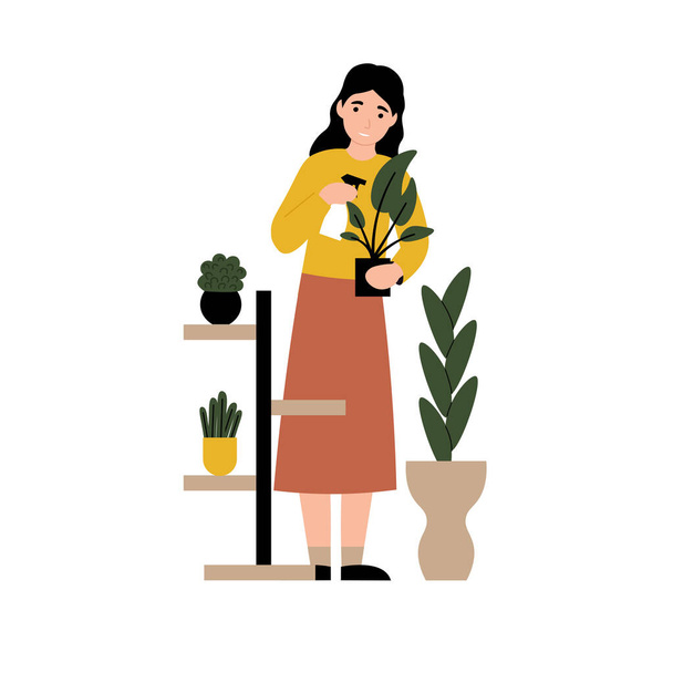Dziewczyna rozpyla wodę do domu kwiaty. Kobieta opiekująca się roślinami. Płaskie wektor kreskówka nowoczesna ilustracja. - Wektor, obraz