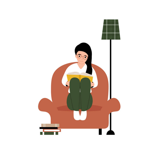 Concepto de pasatiempo. Mujer sentada en una butaca y leyendo un libro. Ilustración moderna de dibujos animados vectoriales. - Vector, imagen