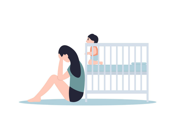 Conceito de depressão pós-parto. Mãe triste sentada perto da cama do bebê. Cuidado pós-natal da mãe e do recém-nascido. Desenho animado vetorial plano ilustração moderna
. - Vetor, Imagem