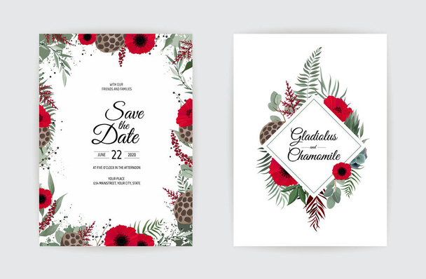 Vector floral κάρτα σχεδιασμού. Ευχετήρια, καρτ ποστάλ πρόσκληση γάμου πρότυπο. Κομψό πλαίσιο με τριαντάφυλλο και ανεμώνη. - Διάνυσμα, εικόνα