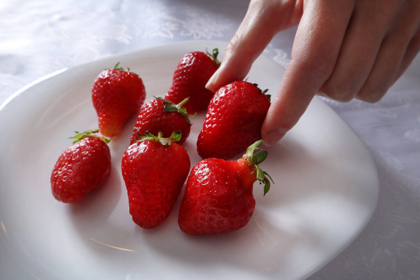 Frau Hand nimmt Erdbeeren vom Teller. Auf einer weißen Tischdecke liegt ein Teller voller Erdbeeren. Saisonale Speisen und frisches Obst Konzept. Nahaufnahme, selektiver Fokus - Foto, Bild