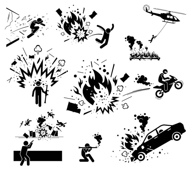 Movie action hero bomb explosion scene. Vector of man escape from bomb explosion with motorcycle, jump away, hang on helicopter, and smash through glass. Hero destroy things with bazooka bomb and gun. - Vector, Image