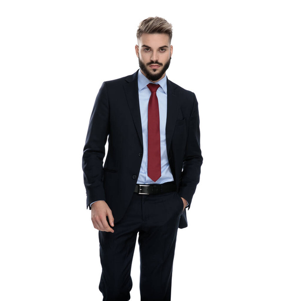 sexy young businessman holding hands in pockts and walking isolated on white background - Foto, imagen