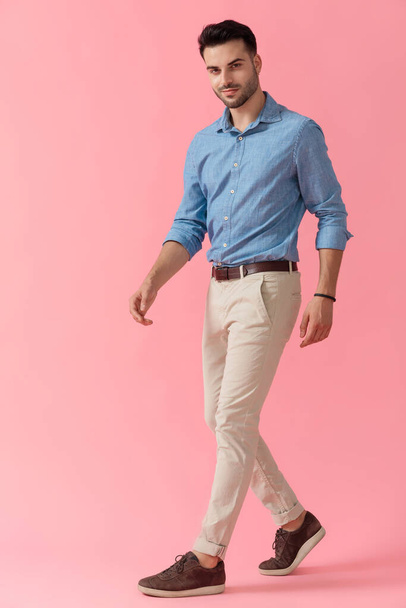 side view of a sexy businessman wearing blue shirt walking and looking at camera happy on pink studio background - Fotoğraf, Görsel