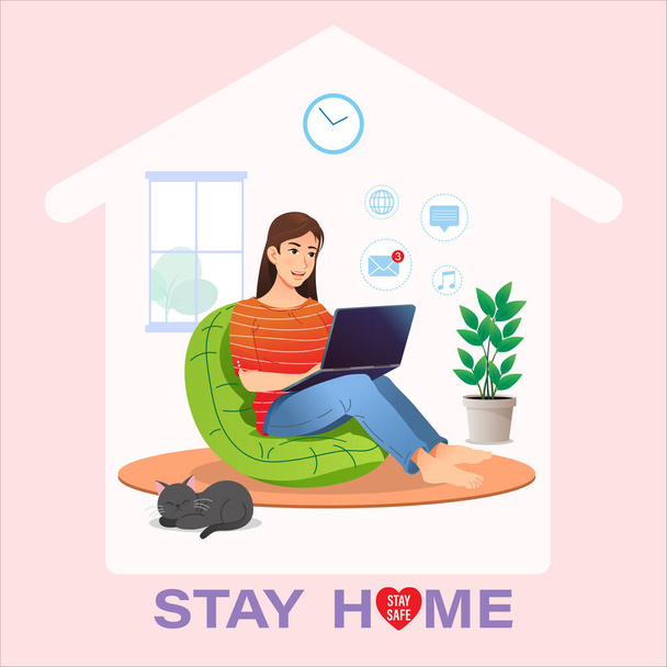Stay home concept. Young woman with laptop relaxing on sofa connect to social media at home. For safety during the surveillance of the coronavirus outbreak. Vector illustration - Vector, Image