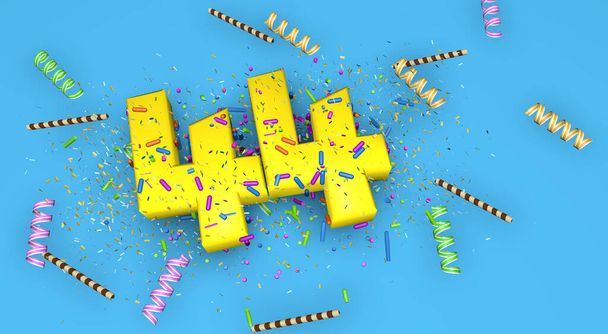 Číslo 44 k narozeninám, výročí nebo povýšení, tlustými žlutými písmeny na modrém pozadí zdobeném bonbóny, stuhami, čokoládovými brčky a konfetami padajícími shora. 3D ilustrace - Fotografie, Obrázek