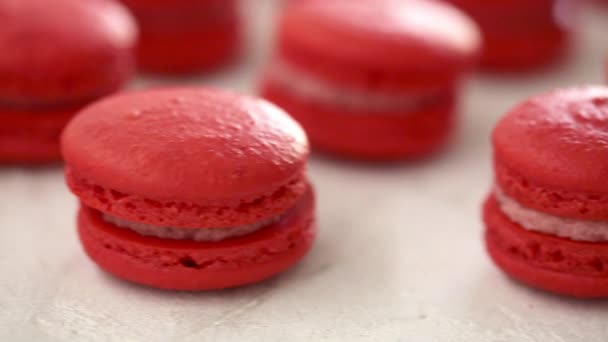 Közelkép a sok sor piros macaron macaroon fehér háttér. Klasszikus francia desszert. - Felvétel, videó