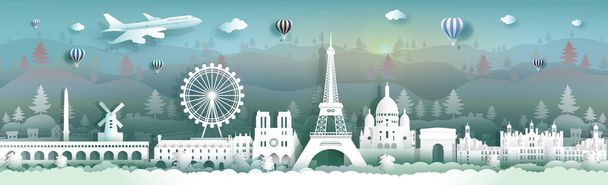 Ταξίδι στη Γαλλία πανόραμα δείτε διάσημα αξιοθέατα του κόσμου με φόντο το τοπίο, Περιήγηση στην κουλτούρα της ομορφιάς, Διάνυσμα εικονογράφηση για παρουσίαση, χαρτί περικοπή στυλ για αφίσα ταξιδιού και καρτ ποστάλ. - Διάνυσμα, εικόνα