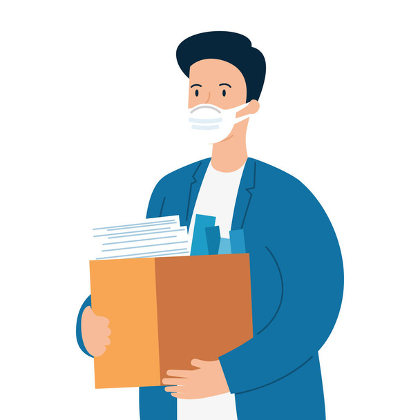 man unemployment concept, company worker holding stuff in box, from coronavirus crisis covid 19 - Vector, Image