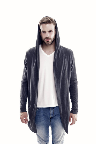 Fashion trend. Clothes daily wear. Menswear concept. Casual and comfortable. Male fashion influencer. Fashionable model man. Street style outfit. Handsome man with hood standing white background - Фото, изображение