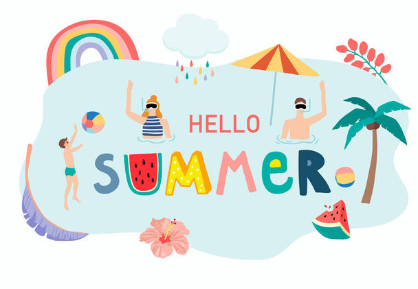Collection of summer background set with people,watermelon,beach,coconut tree.Editable vector illustration for invitation,postcard and website banner.Hello summer - Vektör, Görsel